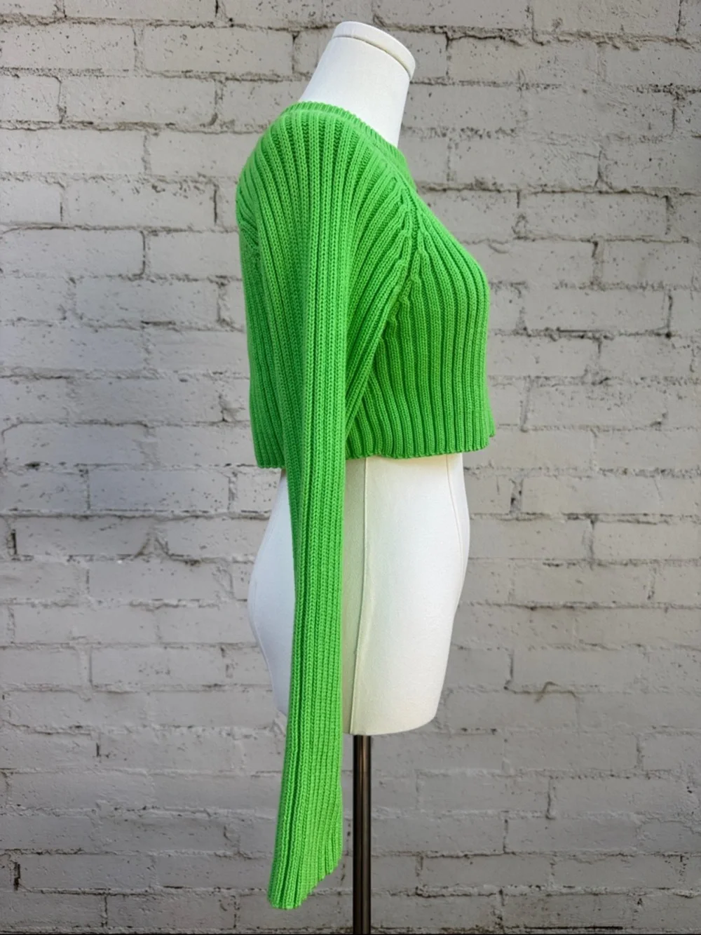 Zara Cropped Ribbed Crewneck Sweater Lime Green Size XS